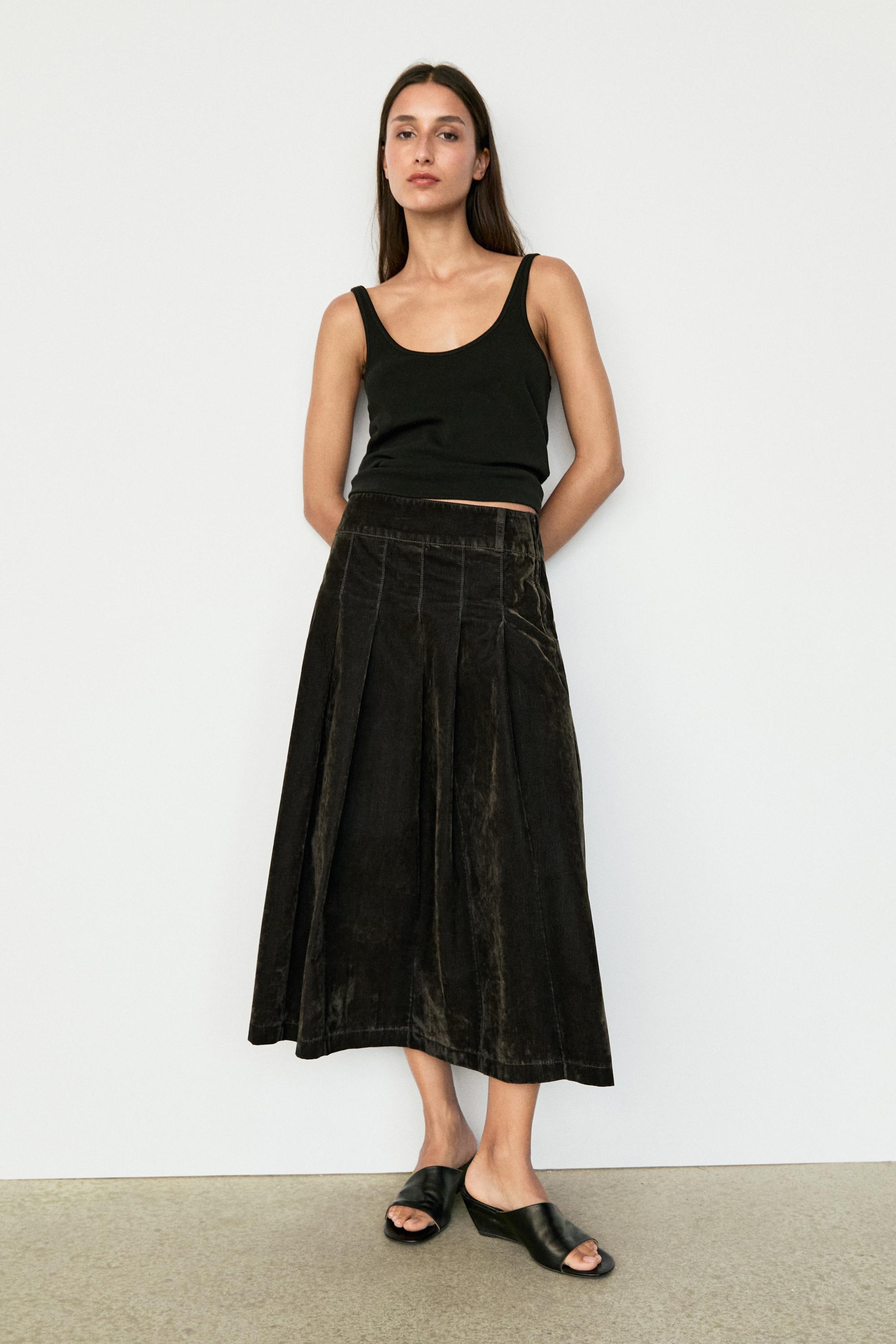 Flocked denim midi skirt with box pleats